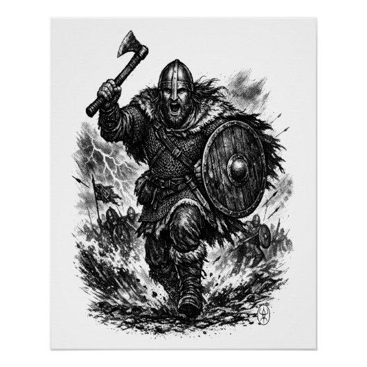 インクで描かれた嵐の戦士 ヴァイキング ポスター (正面)