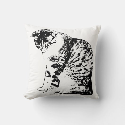 インクで描かれた猫と焚き火のそばの静けさ クッション (正面)