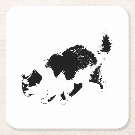 インクで描かれた猫の歩み 秋の光 スクエアペーパーコースター (正面)