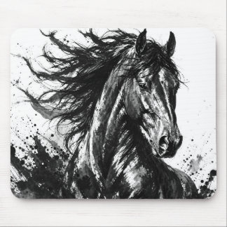 インクで描かれた野生の精神 | 黒と白の馬のアート マウスパッド