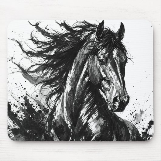 インクで描かれた野生の精神 | 黒と白の馬のアート マウスパッド (正面)