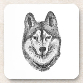 インクと水彩で描いた白黒のシベリアン・ハスキー コースター