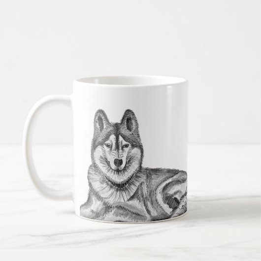 インクと水彩画の黒と白のシベリアンハスキー コーヒーマグカップ (左)