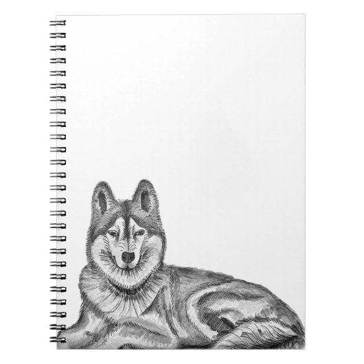 インクと水彩画の黒と白のシベリアンハスキー ノートブック (正面)