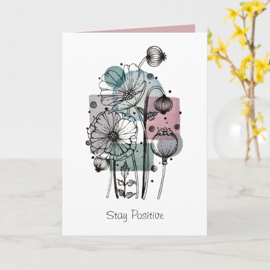 インクと水色のポピー類のドードル カード (黄色い花)