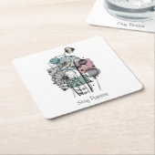 インクと水色のポピー類のドードル スクエアペーパーコースター (アングル)