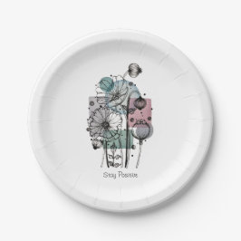 インクと水色のポピー類のドードル ペーパープレート