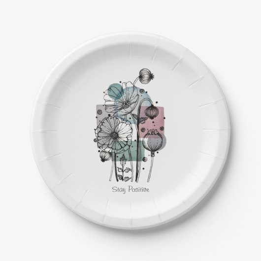 インクと水色のポピー類のドードル ペーパープレート (正面)