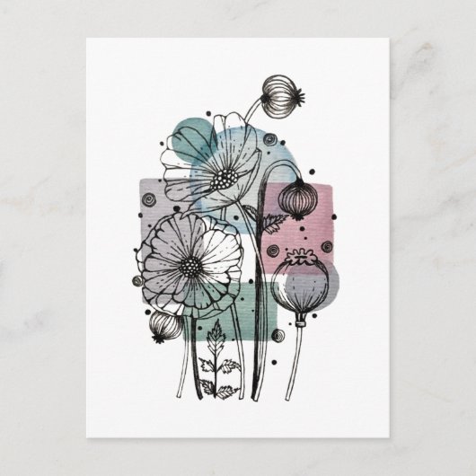 インクと水色のポピー類のドードル ポストカード (正面)