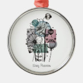 インクと水色のポピー類のドードル メタルオーナメント (正面)