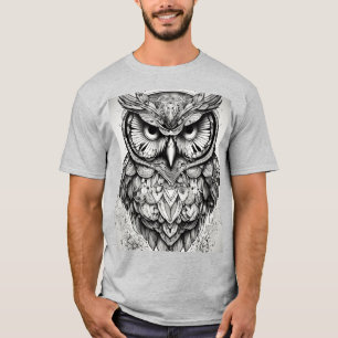 インクと知恵：黒と白フクロウのタトゥートティー Tシャツ