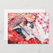 インクに傘を差し中国のた芸者絵を描猫 ポストカード (正面/裏面)