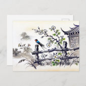 インクのフェンスに止まった中国のツバメ絵を描 ポストカード (正面/裏面)