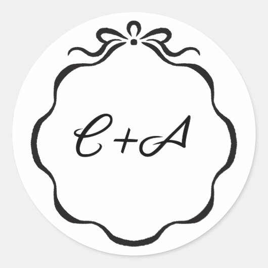 インクの付いたリボンと蝶結びのイニシャル ウェディング マット ラウンドシール (正面)