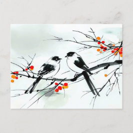 インクの枝にとまった2羽の鳥 ポストカード