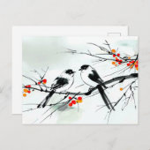 インクの枝にとまった2羽の鳥 ポストカード (正面/裏面)