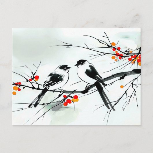 インクの枝にとまった2羽の鳥 ポストカード (正面)