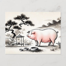 インクアート：満足のいく豚のペンと庭 シーズンポストカード