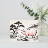 インクアート：満足のいく豚のペンと庭 シーズンポストカード (スタンド正面)