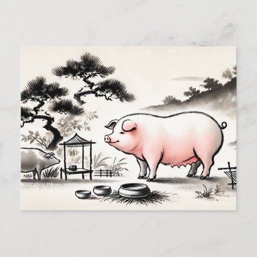 インクアート：満足のいく豚のペンと庭 シーズンポストカード (正面)
