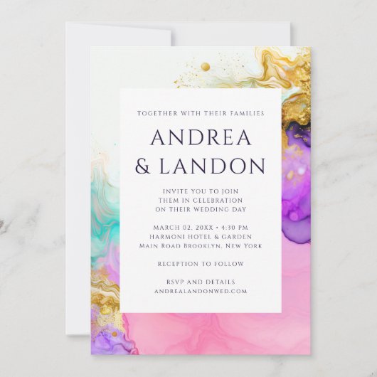 インクイエレガントンカラフルウォーター色抽象芸術結婚の 招待状 (正面)
