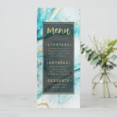 インクイスプラッシュティール(緑がかった色)大理石とゴールドフォイルディナー メニュー (スタンド正面)