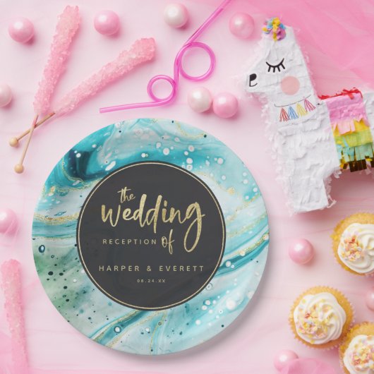 インクイスプラッシュティール（緑がかった色）大理石と金ゴールドラックス結婚ズ ペーパープレート (パーティー)