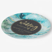 インクイスプラッシュティール（緑がかった色）大理石と金ゴールドラックス結婚ズ ペーパープレート (アングル)