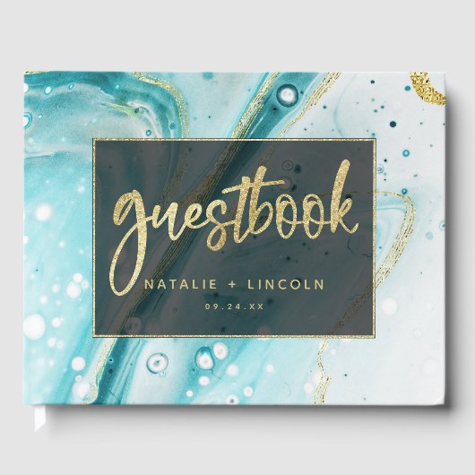 インクイスプラッシュティール（緑がかった色）大理石と金結婚箔 ゲストブック (正面)