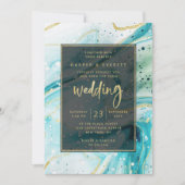 インクイスプラッシュティール（緑がかった色）大理石と金結婚箔 招待状 (正面)