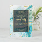 インクイスプラッシュティール(緑がかった色)大理石と金結婚箔 招待状 (スタンド正面)