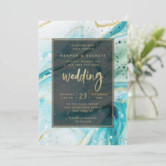 インクイスプラッシュティール（緑がかった色）大理石と金結婚箔 招待状 (スタンド正面)