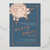 インクカメリア結婚ズクリーム，ブルーグレー，バラ金ゴールド 箔招待状 (正面)