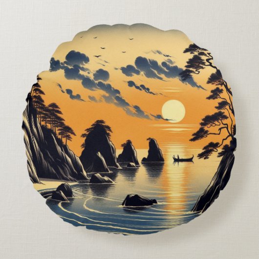 インクコースト日本のサンセットビーチシーン ラウンドクッション (正面)