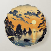 インクコースト日本のサンセットビーチシーン ラウンドクッション (裏面)