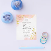 インクコーラルピーチ葉金ゴールドウェディング招待 チラシ (シングル)