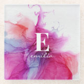 インクタイ染めのピンクチック・モダン・カスタムモノグラム・スロー ガラスコースター (正面)