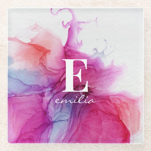 インクタイ染めのピンクチック・モダン・カスタムモノグラム・スロー ガラスコースター (正面)