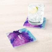 インクタイ染めのピンクチック・モダン・カスタムモノグラム・スロー ガラスコースター (アングル)