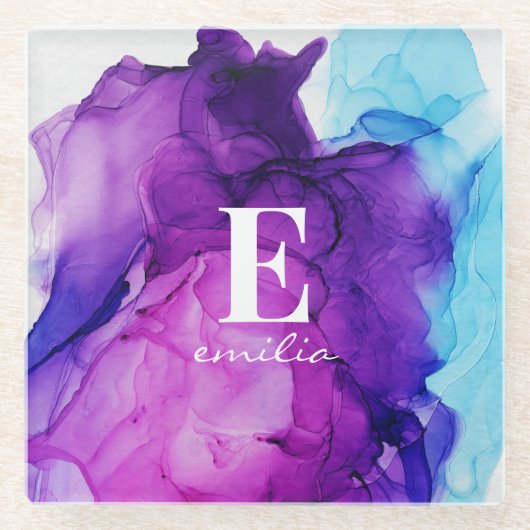 インクタイ染めのピンクチック・モダン・カスタムモノグラム・スロー ガラスコースター (正面)