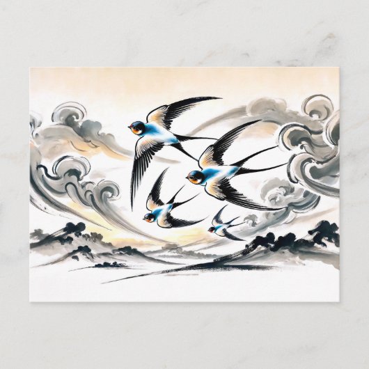インクパで空を飛び中国の越えるツバメ ポストカード (正面)