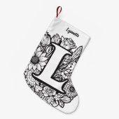 インクパーソナライズされたフラワーモノグラム白黒 スモールクリスマスストッキング (正面 (吊り時))