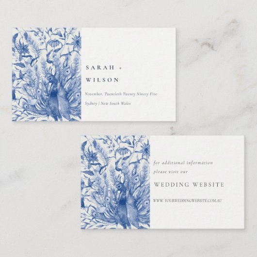 インクブルークラスウォーターカラーピーコック結婚のウェブサイト エンクロージャーカード (正面/裏面)