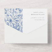 インクブルークラッシー華美ウォーター色のクジャク結婚ズ オールインワン招待状 (裏面)