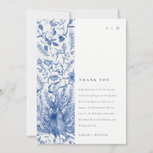 インクブルークラッシー華美ウォーター色のクジャク結婚ズ サンキューカード (正面)