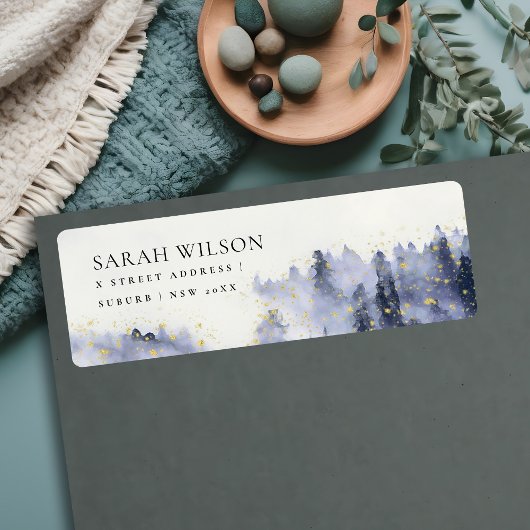 インクブルー水彩風景樹葉アドレス ラベル
