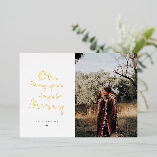 インクペンクリスマスキャロルと写真金ゴールド 箔シーズンカード (立ち正面)