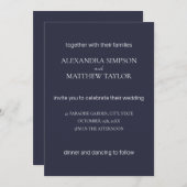 インクミニマルブルーと白:エレガントなモダン結婚式 招待状 (正面/裏面)