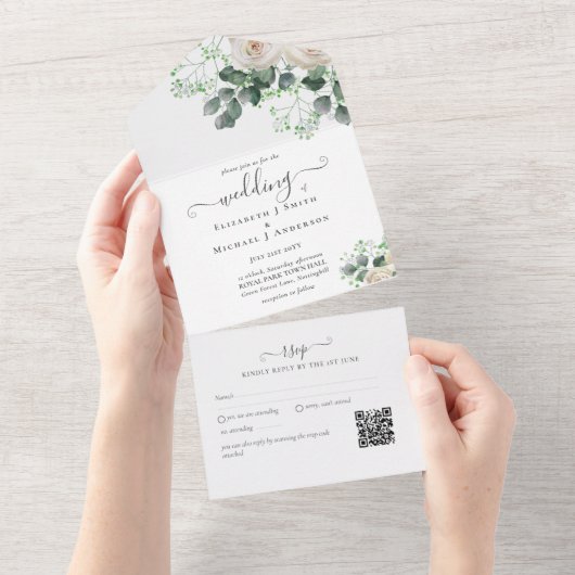 インクルーシブホワイトローゼス葉セージウェディングRSVP オールインワン招待状 (貼ってはがせる)