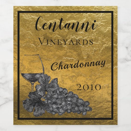 インクワイングラス葡萄金ゴールド背景 ワインラベル (シングルラベル)